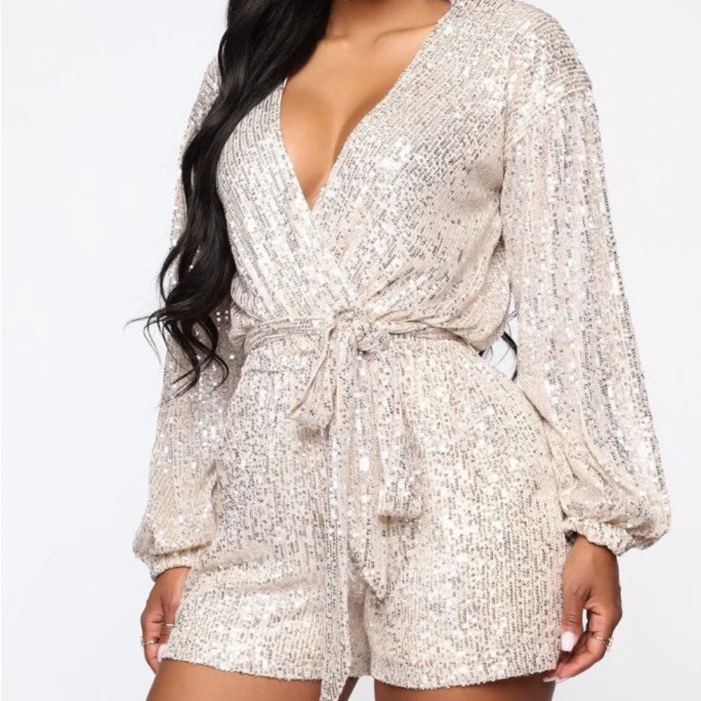 City Lux Sequin Romper. Size small. Never worn. Silver rosy gold sequins. - Picture 1 of 5